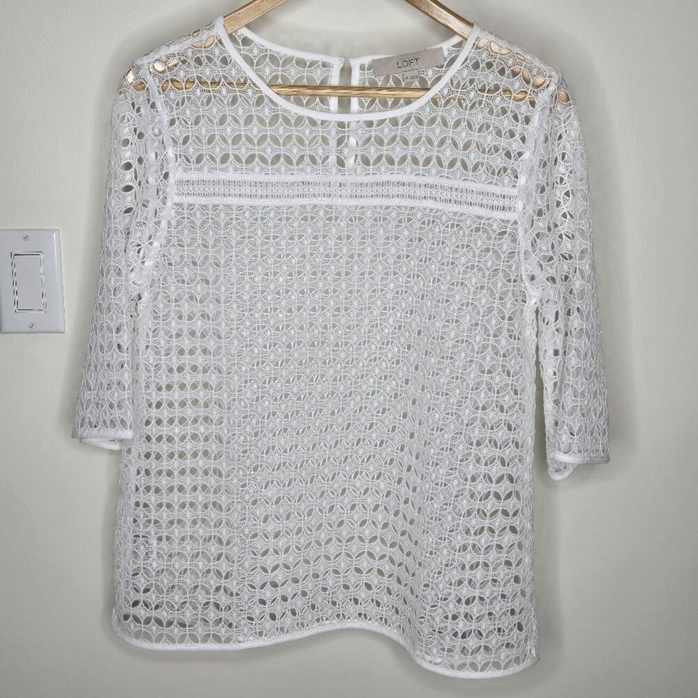 LOFT White Lace 3/4 Length Sleeve Layering Top Size XS